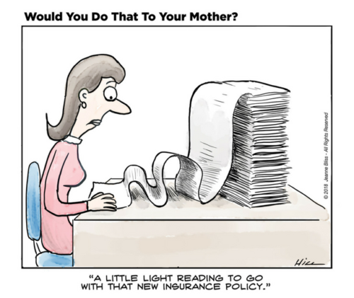 Comic: "A little light reading to go with that new insurance policy."